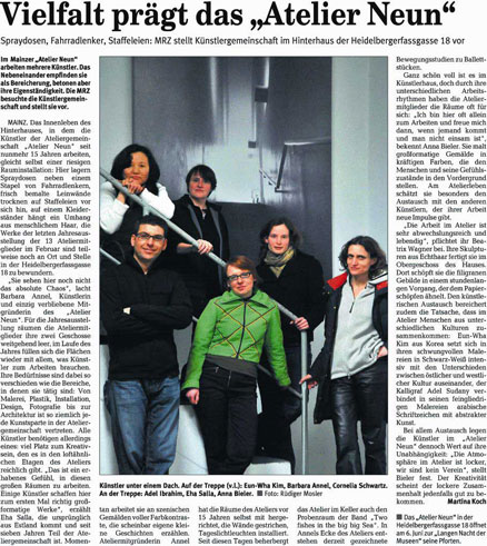 Artikel der Mainzer Rhein Zeitung über das Atelier neun - Titel: Vielfalt prägt das Atelier neun